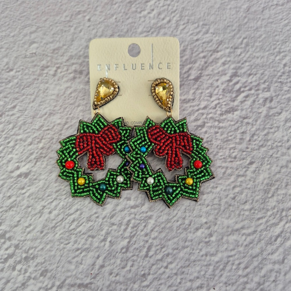 Influence Christmas Wreath Beaded Drop‎ Earrings Green Red Bow Holiday NEW